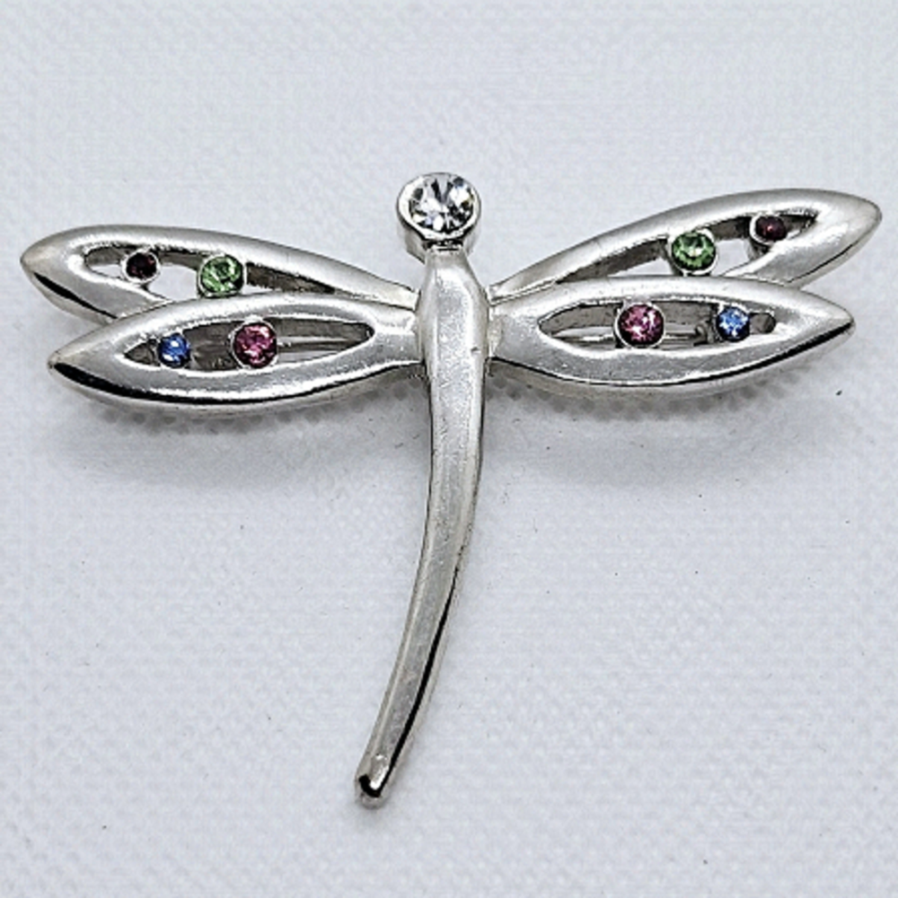 Silver Tone Dragonfly Brooch Multicolour Rhinestone Openwork Wings Pin